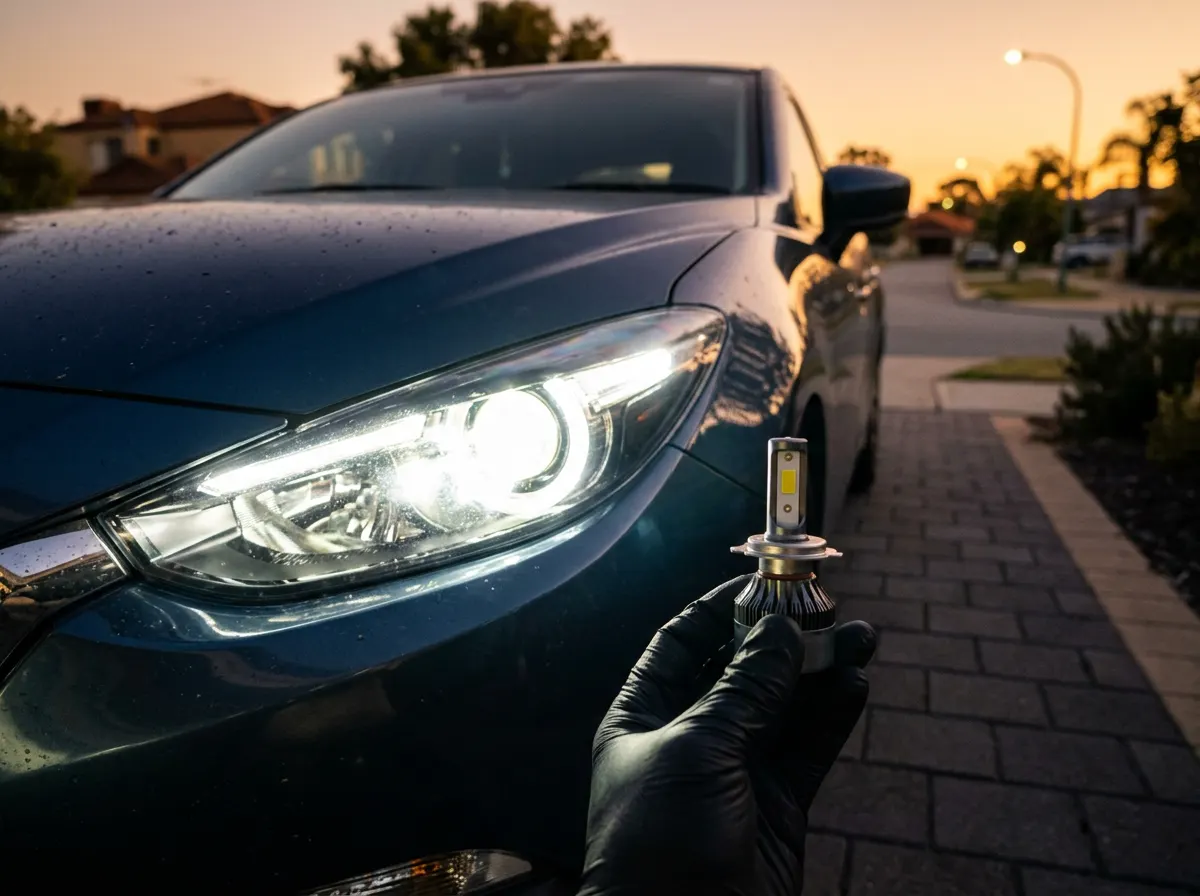 Gloved hand holding an LED headlight bulb beside a car headlight glowing bright white on a Perth driveway at dusk
