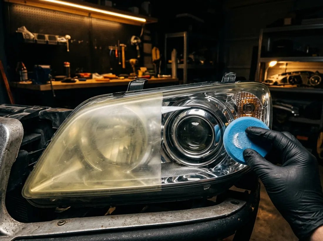 Headlight half restored, one side yellowed and cloudy, the other crystal clear, beside a gloved hand holding a polishing pad