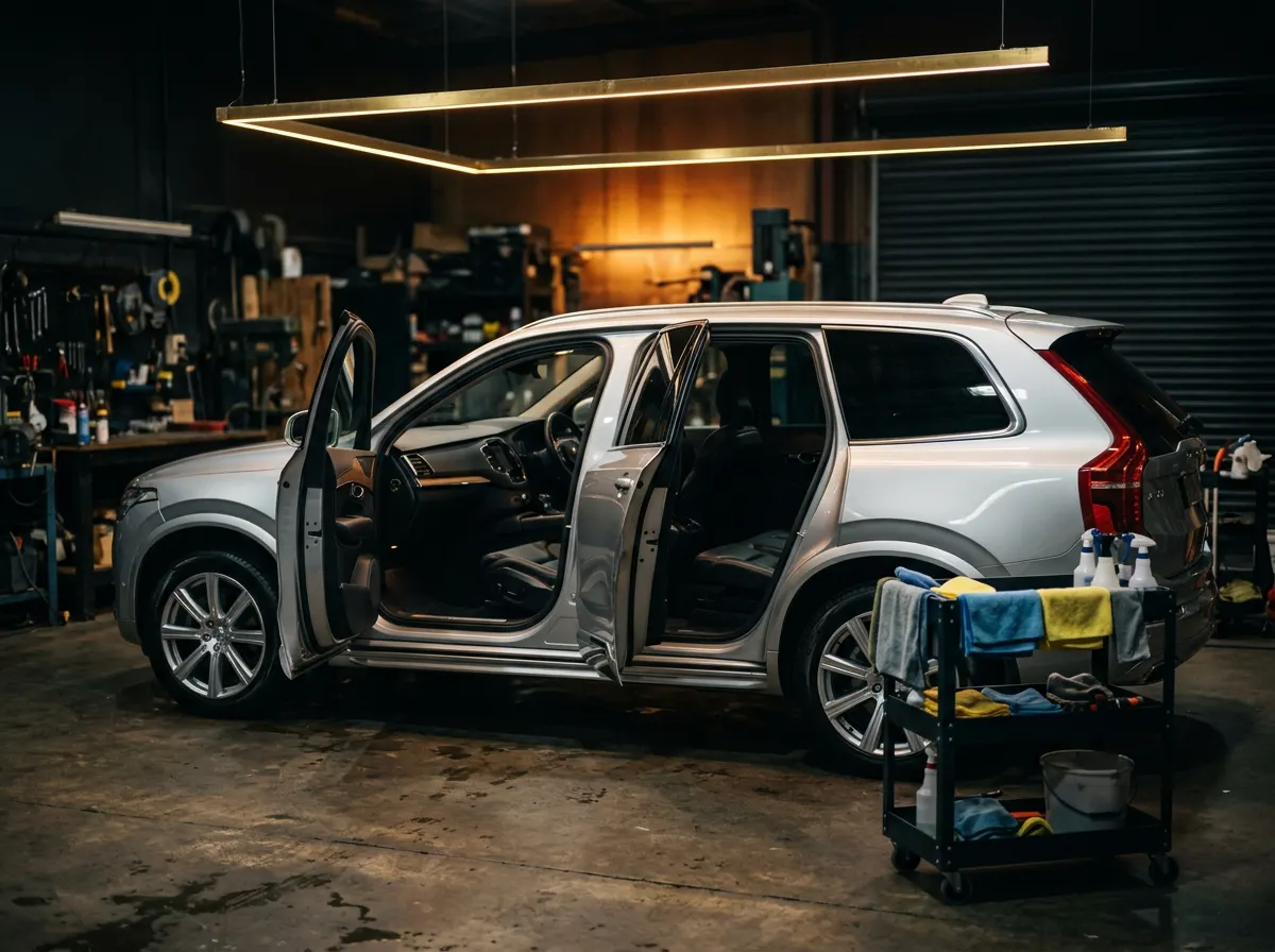 Spotless silver SUV with its doors open beside a trolley of folded microfibre towels
